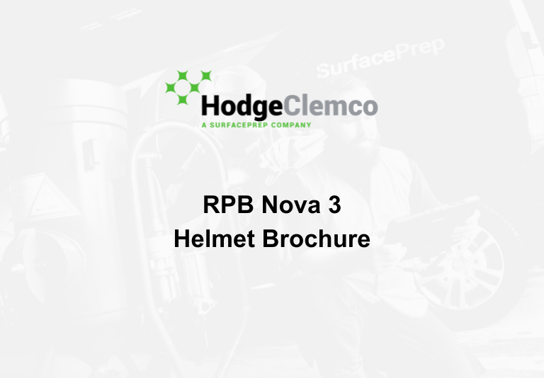 Faint white image of Hodge Clemco worker, with Hodge Clemco's logo, and plain black text which reads 'RPB Nova 3 Helmet Brochure'