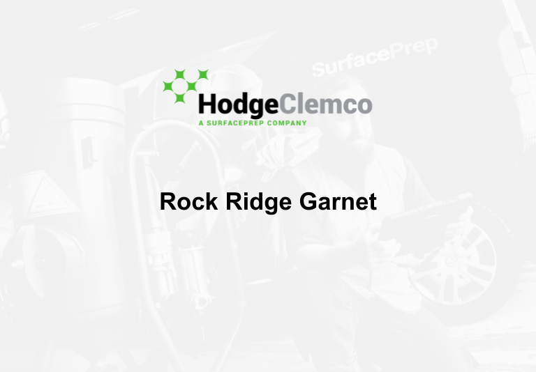 Faint white image of Hodge Clemco worker, with Hodge Clemco's logo, and plain black text which reads 'Rock Ridge Garnet'